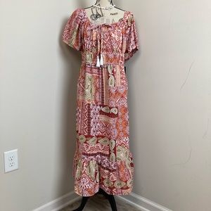 Women’s Red Pink Paisley Bohemian Maxi Tiered Dress Short Sleeves Deep RoundNeck